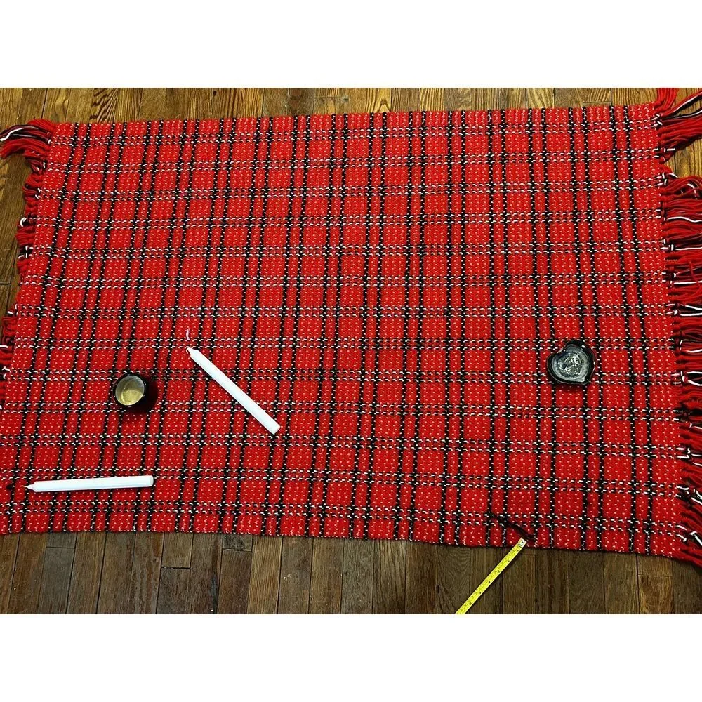 Vintage Handmade Red/White/Black Afghan Throw‎ Blanket Crochet 36